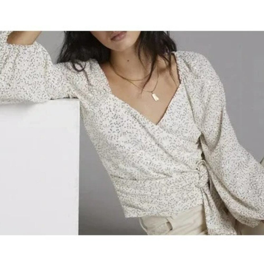 Surplice White Sequin Embroidered Tie-Front Blouse by Anthropologie